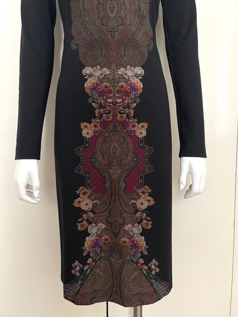 ETRO stretchy wool  black & burgundy Long Sleeve cone Dress IT 42 US 4/6 - Picture 16 of 17